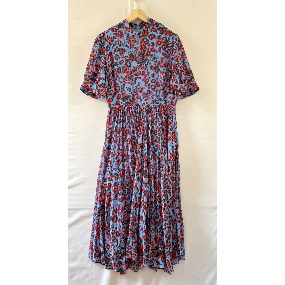 Whistles Blue Red Floral Tiered Midi Dress Sleeveless V-Neck Women 8